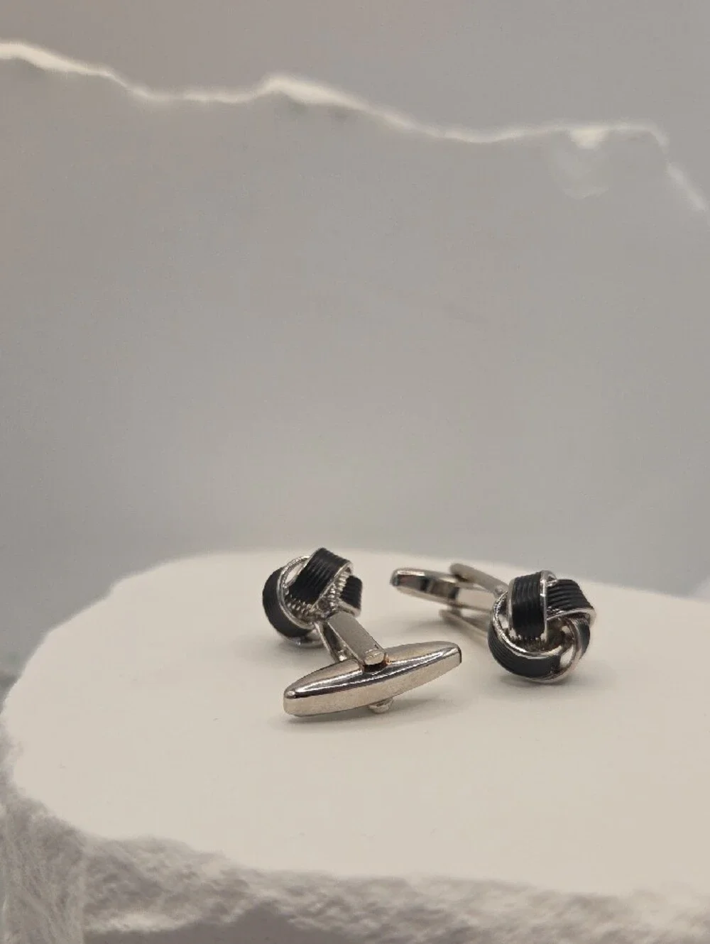 MEL New York Men's Black & Silver Knot Cufflinks Stainless Steel Bullet Back